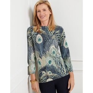 $200 TALBOTS CASHMERE PEACOCK FEATHER PRINT 3/4 SLEEVE SWEATER SZ Small Petite